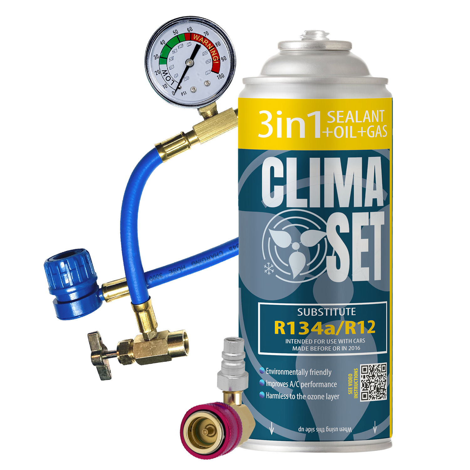 ClimaSet-400ml-170g-3w1-R134a-R12-Zestaw-do-klimatyzacji-samochodowej-z-przewodem-i-adapterem Punjenje auto klime - rashladno sredstvo R134a Clima Set 3u1 crijevo s manometrom HP/LP adapter - Slika 1