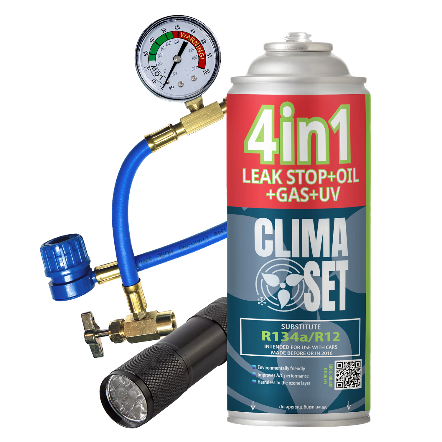 climaset-4w1-manometr-latarka Rashladno sredstvo za auto R134a Clima Set 4u1 crijevo s manometrom UV baterijska svjetiljka - Slika 1