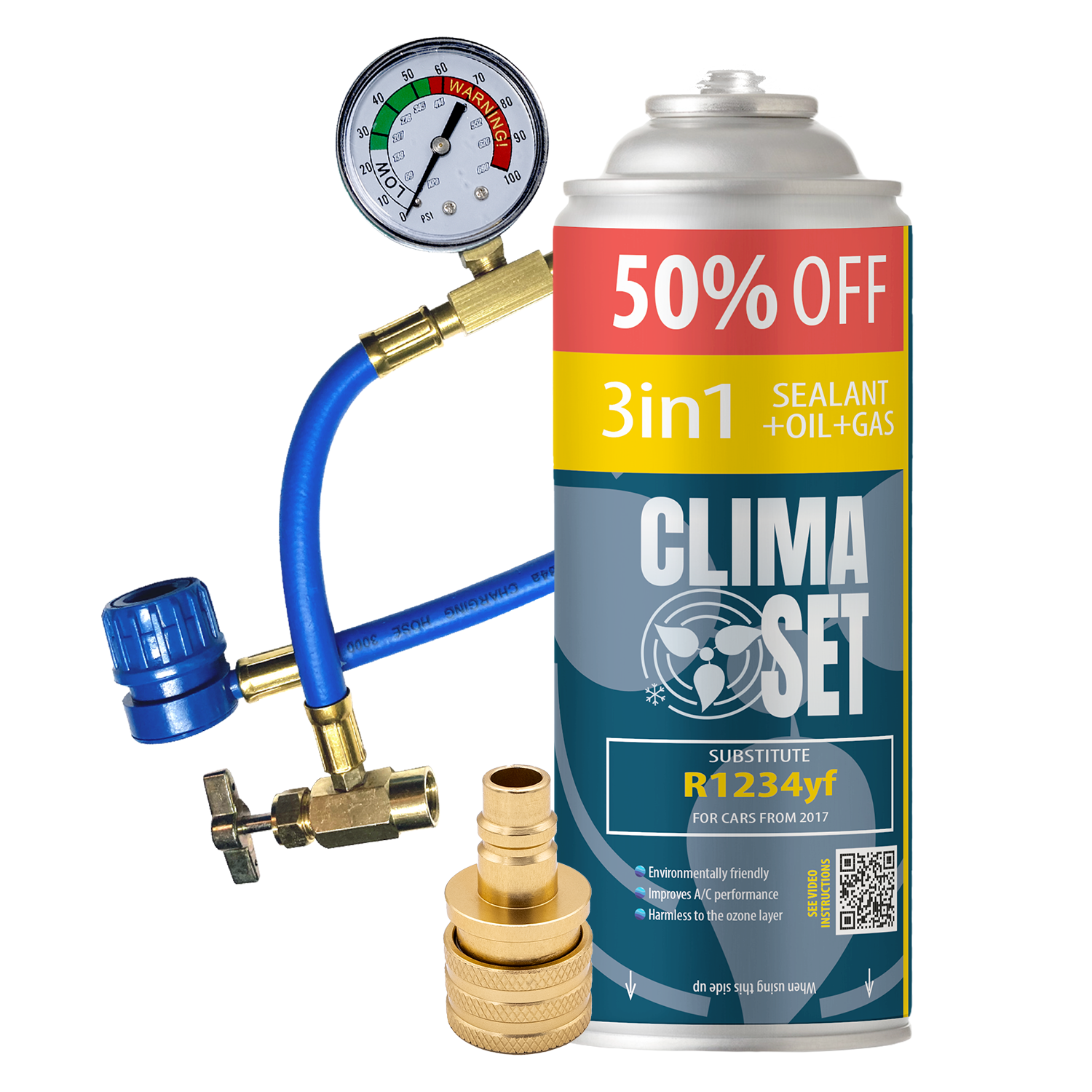 ClimaSet-400ml-235g-3w1-R1234yf-Zestaw-do-klimatyzacji-samochodowej-z-przewodem-i-adapterem Punjenje auto klime - rashladno sredstvo R1234yf Clima Set XL 3u1 crijevo s manometrom R1234yf adapter - Slika 1