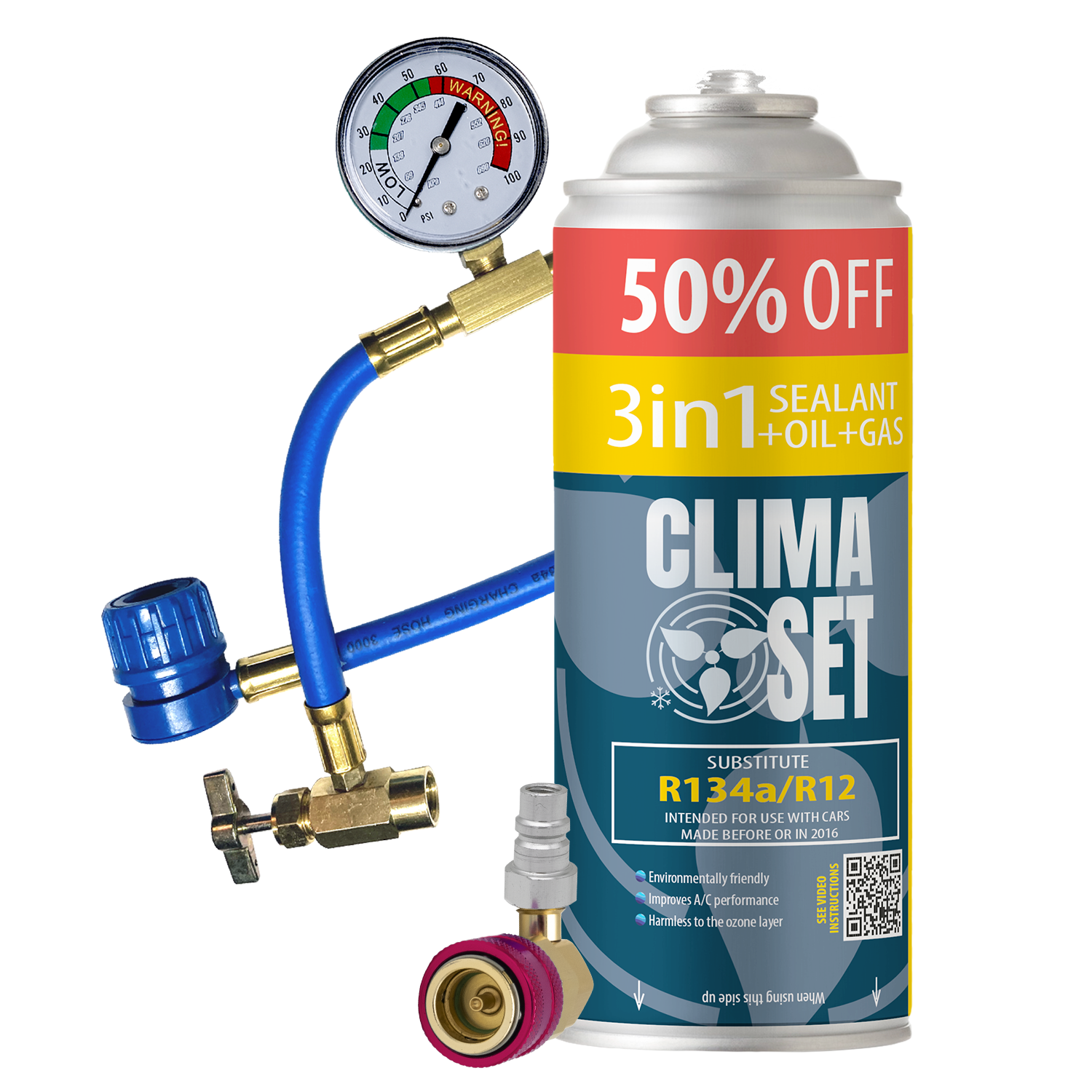 ClimaSet-400ml-235g-3w1-R134a-R12-Zestaw-do-klimatyzacji-samochodowej-z-przewodem-i-adapterem Punjenje auto klime - rashladno sredstvo R134a Clima Set 3u1 XL crijevo s manometrom HP/LP adapter - Slika 1