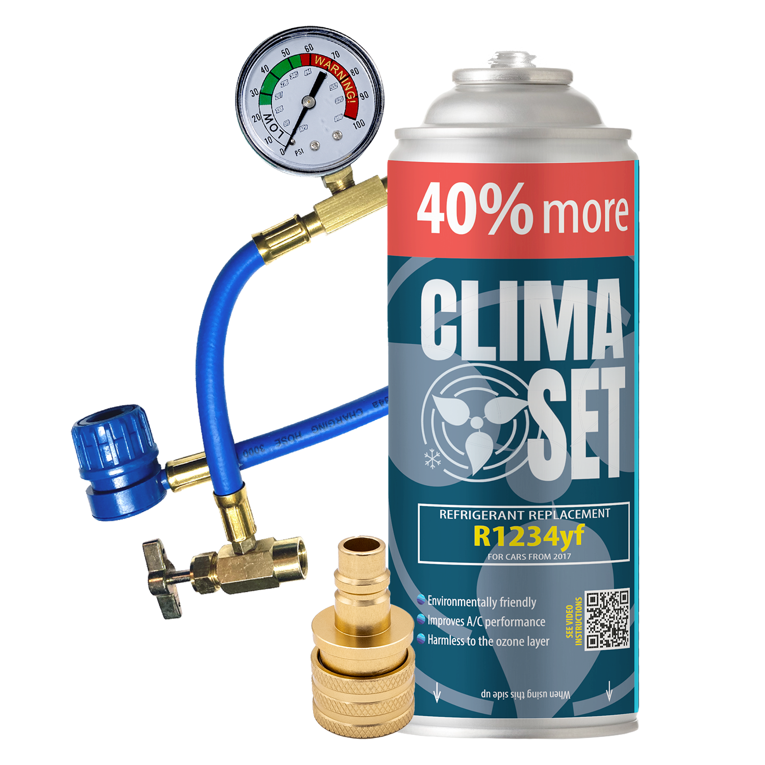 ClimaSet-400ml-235g-R1234yf-Zestaw-do-klimatyzacji-samochodowej-z-przewodem-i-adapterem R1234yf Clima Set XL rashladno sredstvo crijevo s manometrom R1234yf adapter - punjenje auto klime - Slika 1