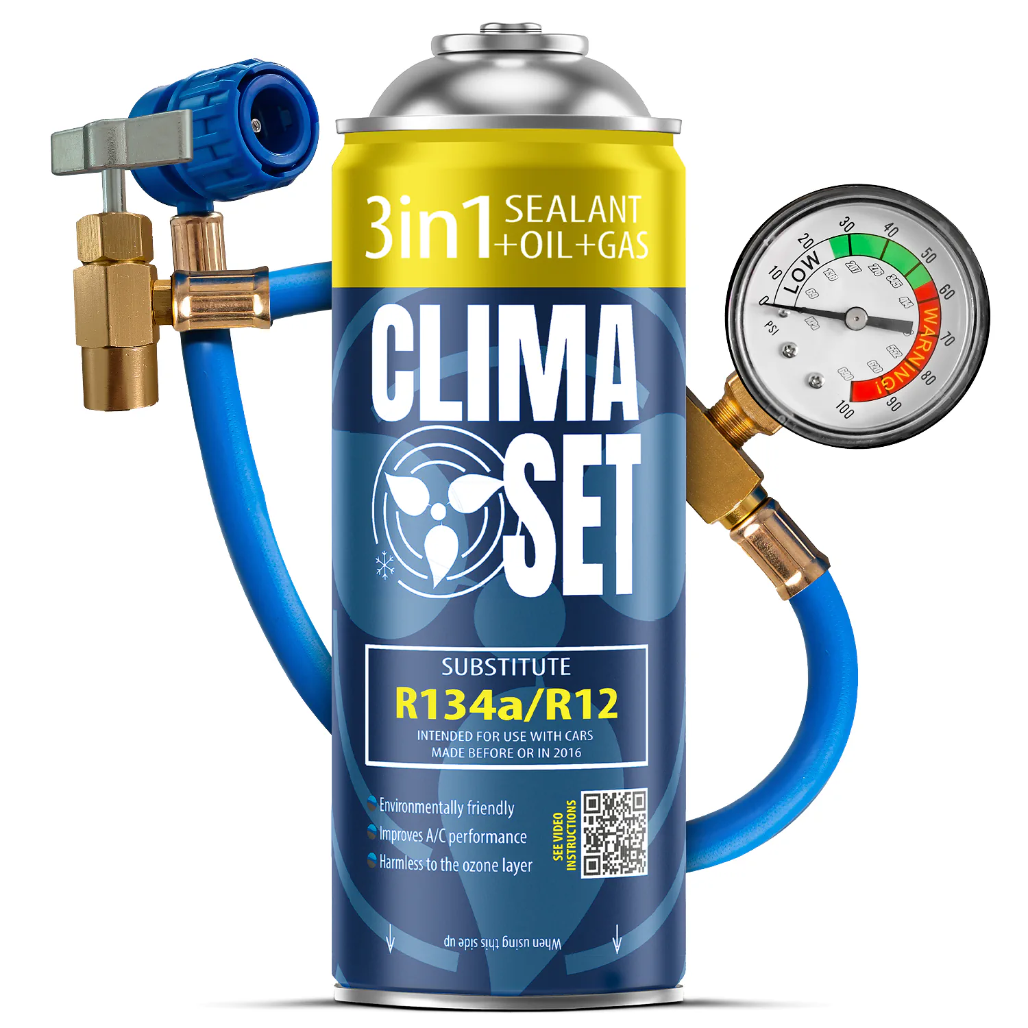 5905108405816 ClimaSet 3u1 – Rashladni plin R134a, ulje, brtvilo, crijevo s manometrom - Slika 1