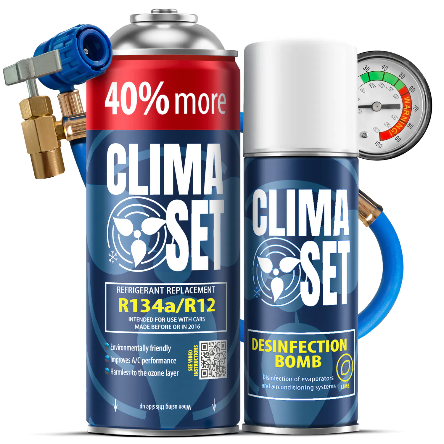 5905997711760 ClimaSet Plin&ulje R134a (235g), Crijevo s manometrom, Perfect Disinfection Bomb Dollar 200 ml - Slika 1