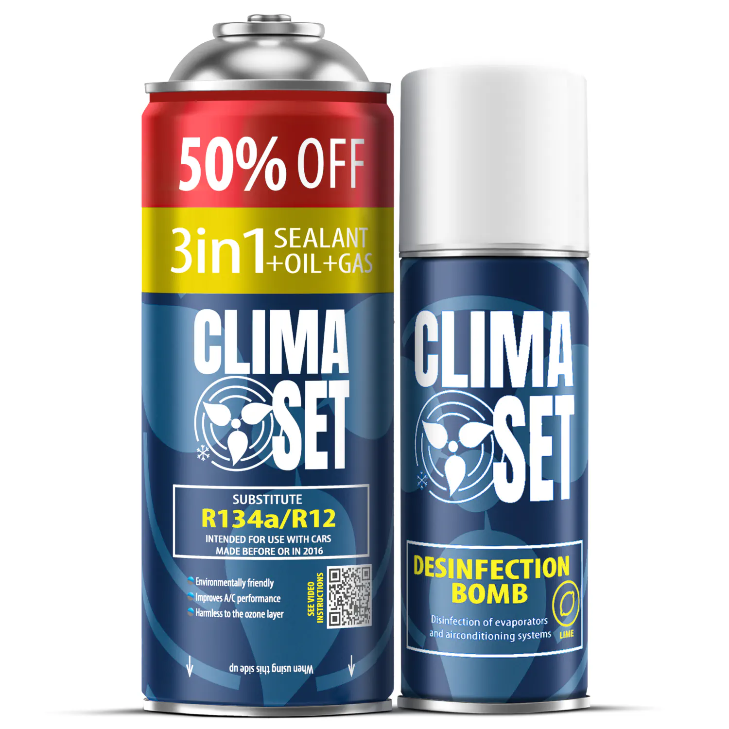 5905997711784 ClimaSet 3in1 R134a (235g), Perfect Disinfection Bomb Dollar 200 ml - Slika 1