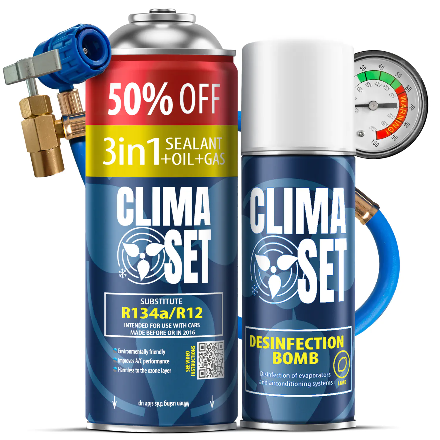 5905997711807 ClimaSet 3in1 R134a (235g), Crijevo s manometrom, Perfect Disinfection Bomb Dollar 200 ml - Slika 1