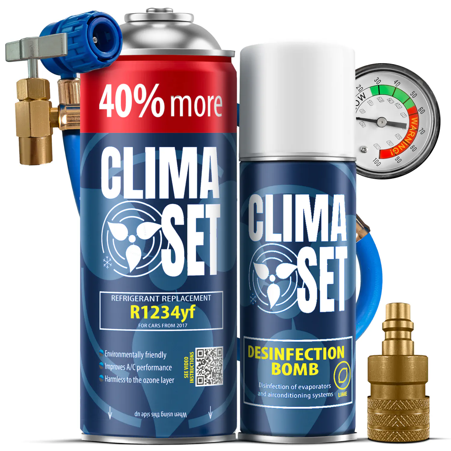 5905997711845 ClimaSet Plin&ulje R1234yf (235g), Crijevo s manometrom, Adapter R1234yf, Perfect Disinfection Bomb Dollar 200 ml - Slika 1