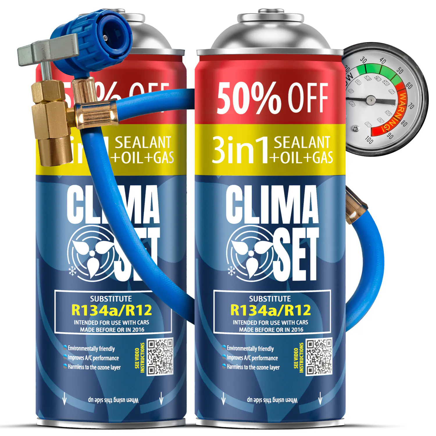 5905997711869 ClimaSet 2x 3in1 R134a (2x 235g), Crijevo s manometrom - Slika 1
