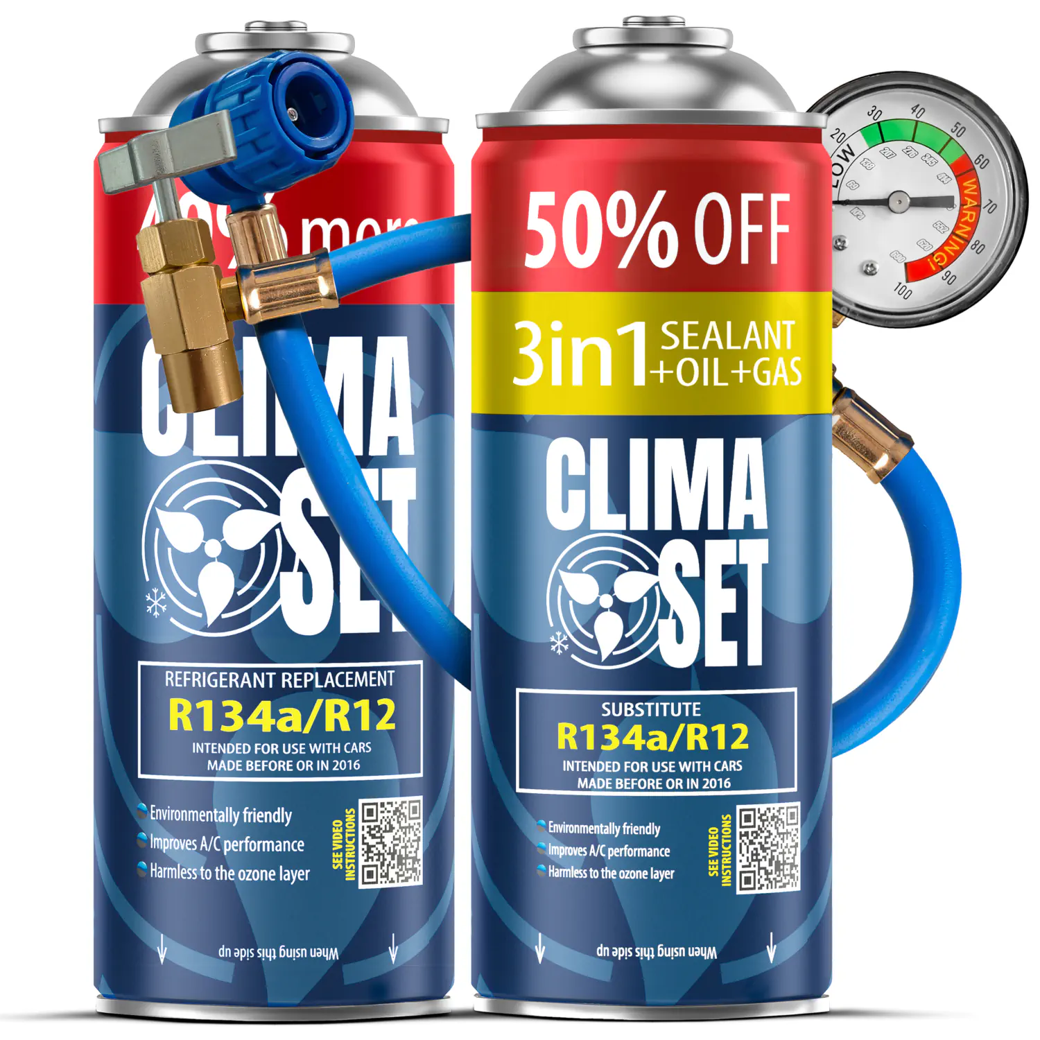 5905997712262 ClimaSet 3in1 R134a, Plin&ulje R134a (2x 235g), Crijevo s manometrom - Slika 1