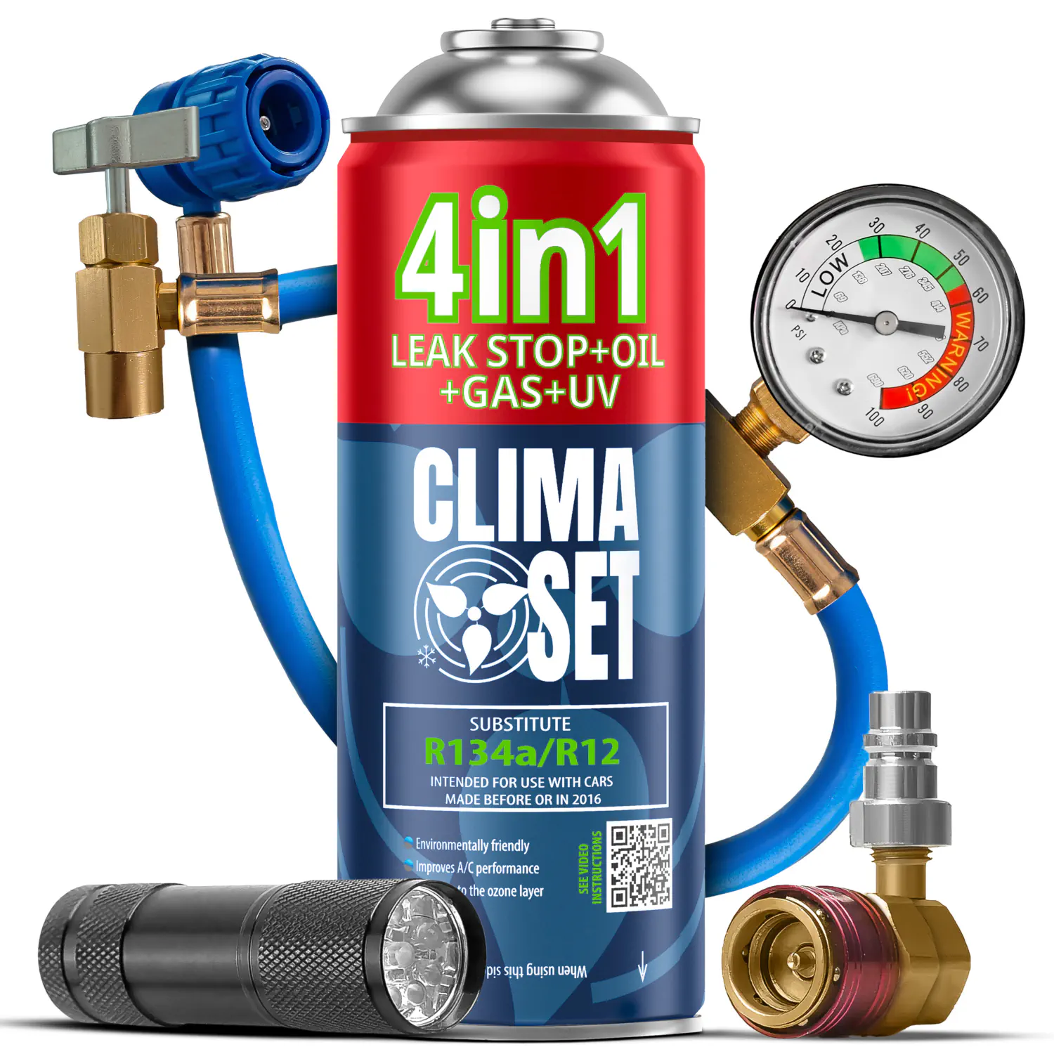 5905997713276 ClimaSet 4in1 R134a (235g), Crijevo s manometrom, Adapter HP/LP, Latarka UV - Slika 1