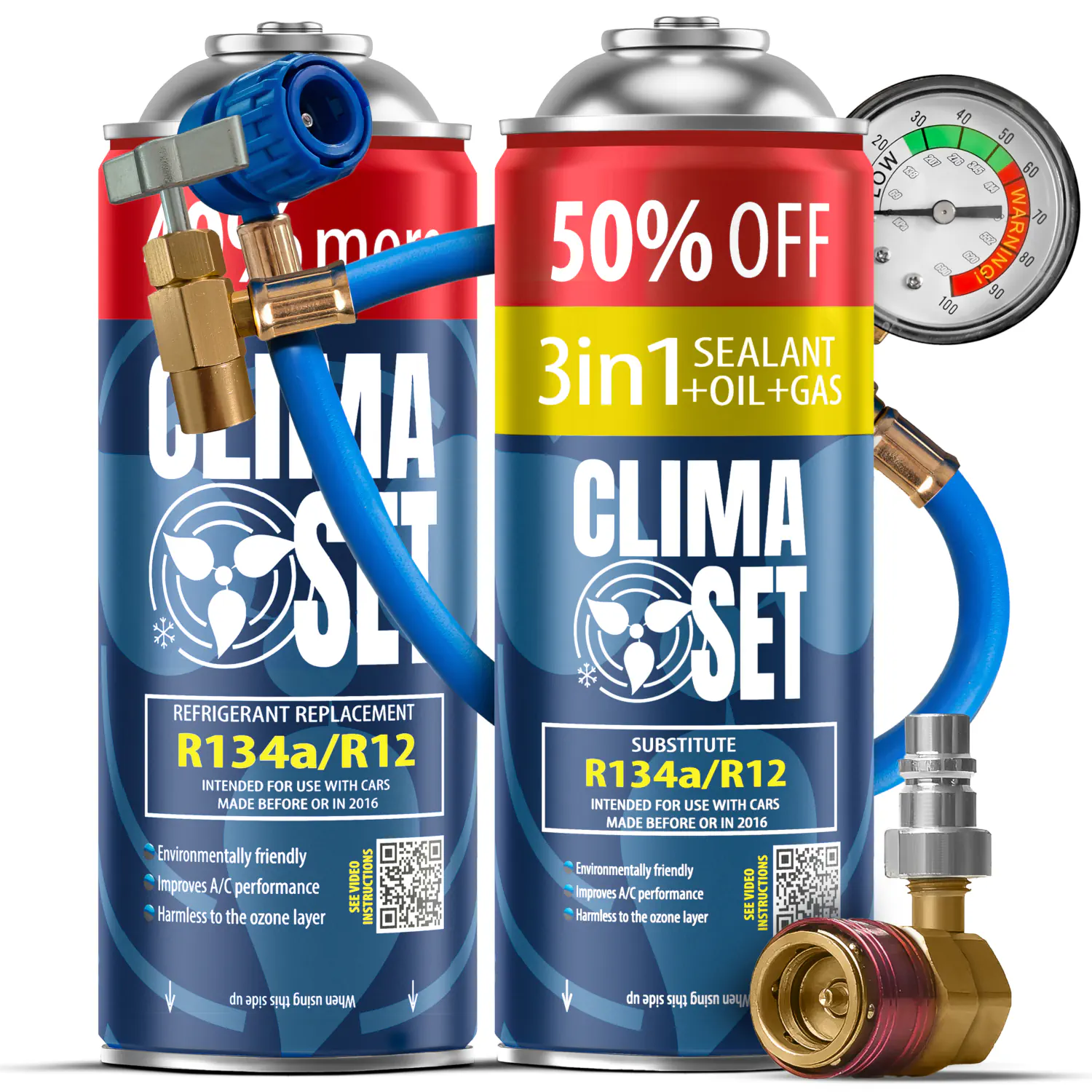 5905997716536 ClimaSet 3in1 R134a, Plin&ulje R134a (2x 235g), Crijevo s manometrom, Adapter HP/LP - Slika 1