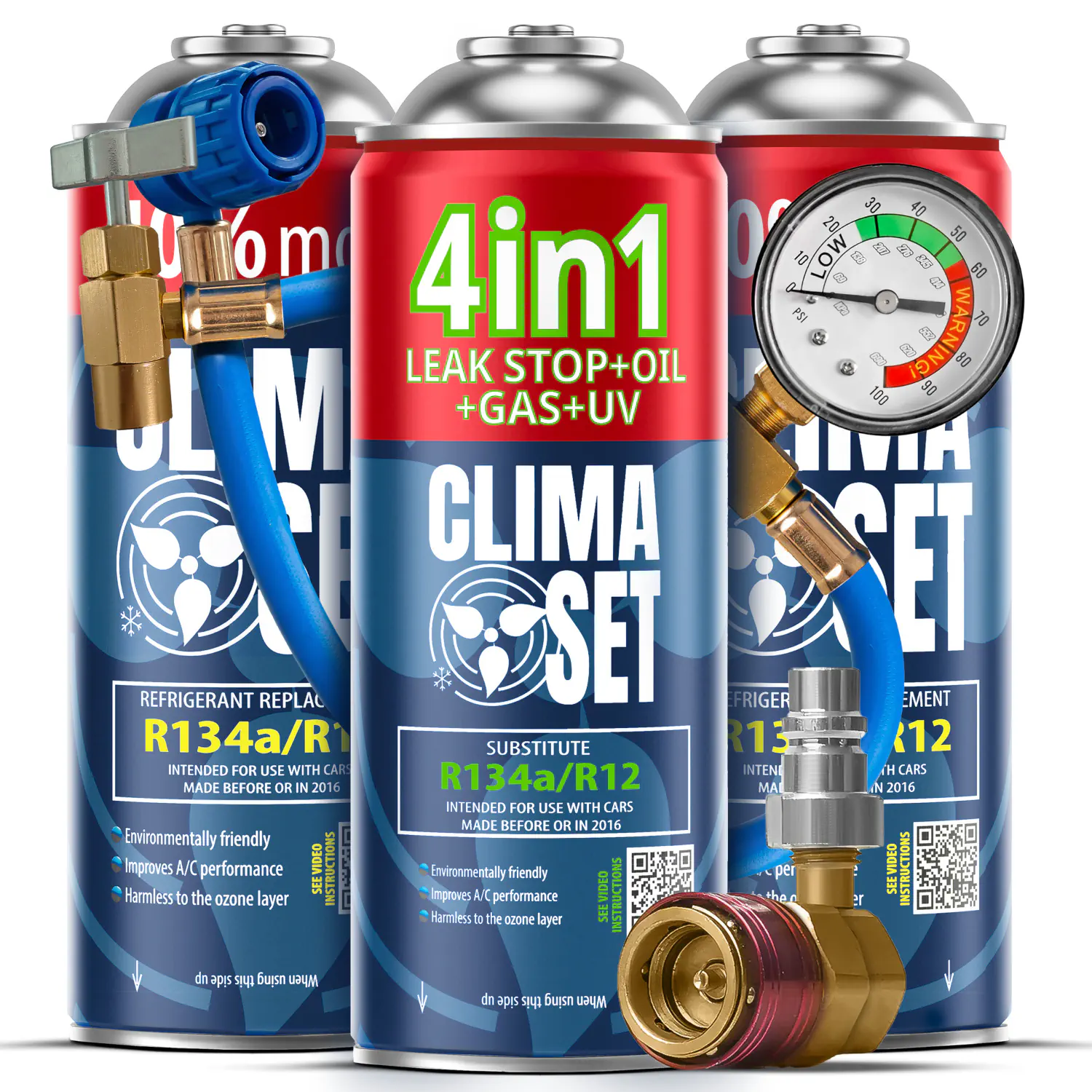 5905997716581 ClimaSet 4in1 R134a, 2x Plin&ulje R134a (3x 235g), Crijevo s manometrom, Adapter HP/LP - Slika 1