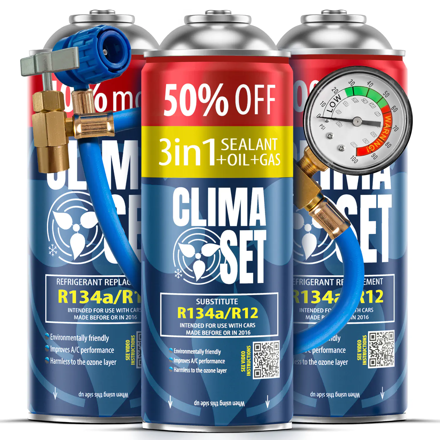 5905997716611 ClimaSet 3in1 R134a, 2x Plin&ulje R134a (3x 235g), Crijevo s manometrom - Slika 1