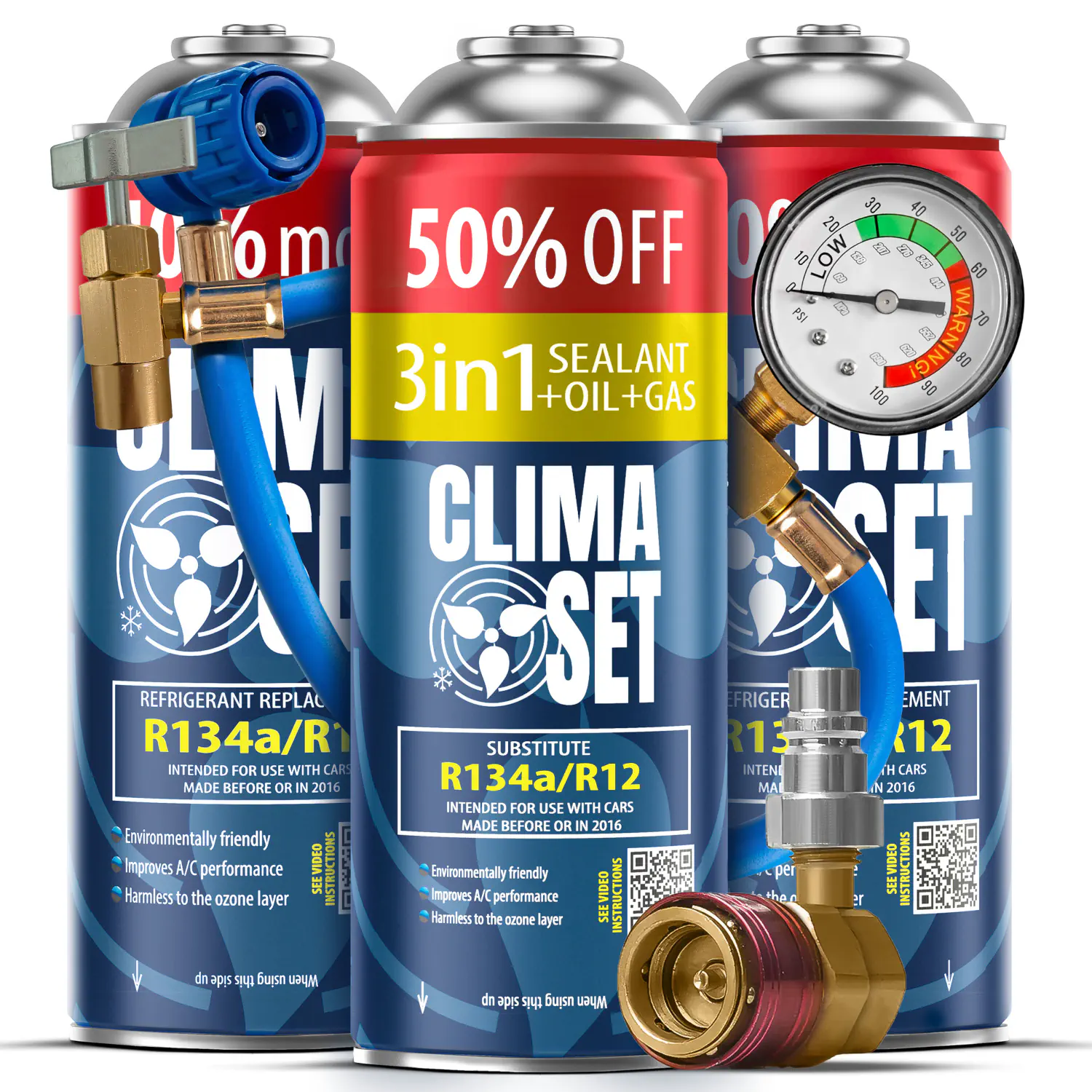 5905997716628 ClimaSet 3in1 R134a, 2x Plin&ulje R134a (3x 235g), Crijevo s manometrom, Adapter HP/LP - Slika 1