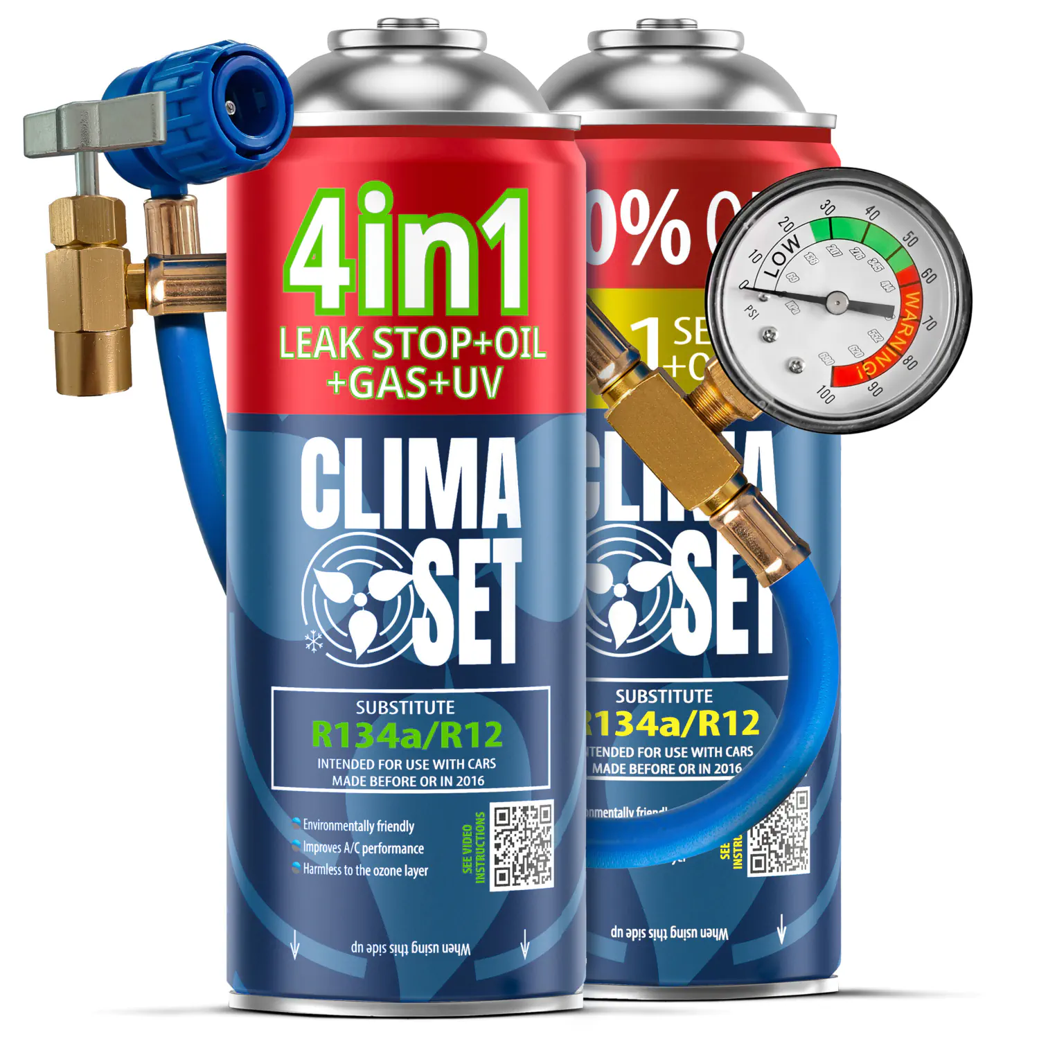 5905997716635 ClimaSet 4in1 R134a, 3in1 R134a (2x 235g), Crijevo s manometrom - Slika 1