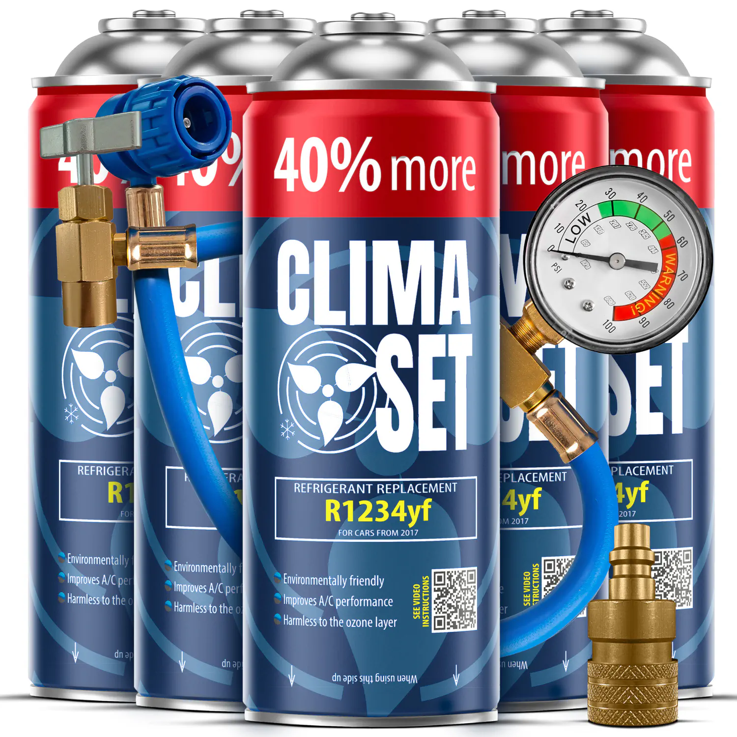 5905997716642 ClimaSet 5x Plin&ulje R1234yf (5x 235g), Crijevo s manometrom, Adapter R1234yf - Slika 1