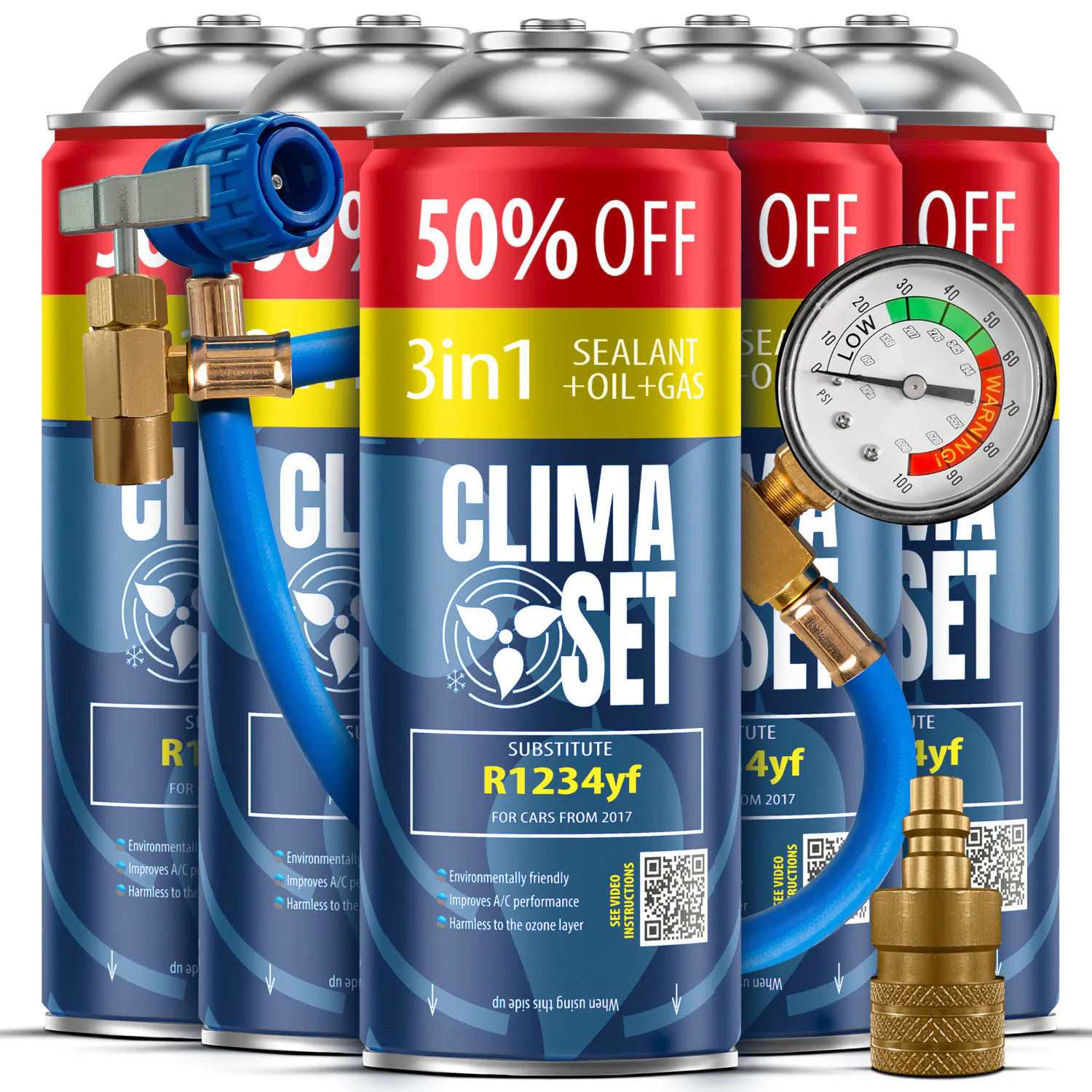 5905997716673 ClimaSet 5x 3in1 R1234yf (5x 235g), Crijevo s manometrom, Adapter R1234yf - Slika 1