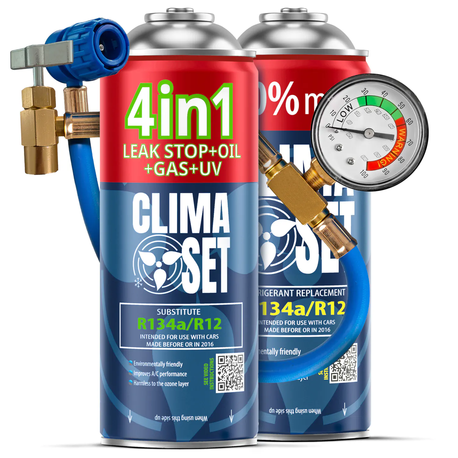 5905997716734 ClimaSet 4in1 R134a, Plin&ulje R134a (2x 235g), Crijevo s manometrom - Slika 1