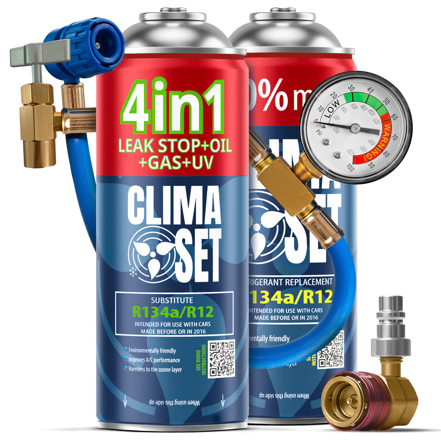 5905997716741 ClimaSet 4in1 R134a, Plin&ulje R134a (2x 235g), Crijevo s manometrom, Adapter HP/LP - Slika 1