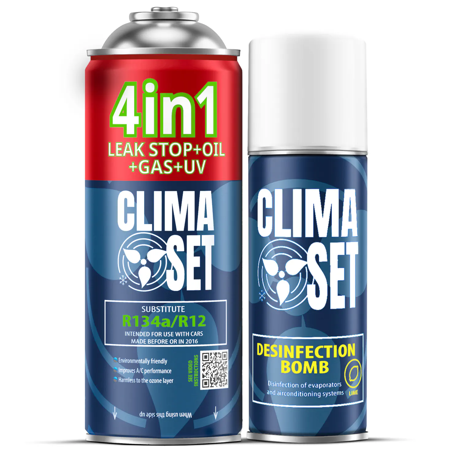 5905997716758 ClimaSet 4in1 R134a (235g), Perfect Disinfection Bomb Lime 200 ml - Slika 1