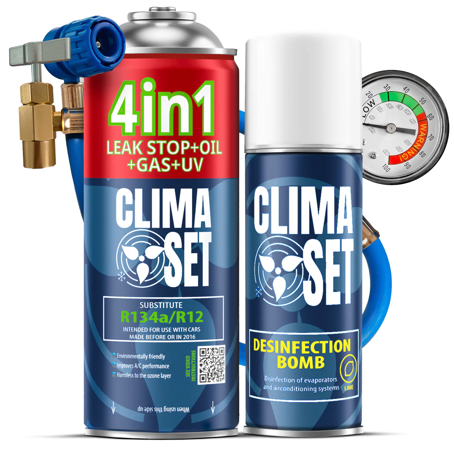 5905997716765 ClimaSet 4in1 R134a (235g), Crijevo s manometrom, Perfect Disinfection Bomb Lime 200 ml - Slika 1