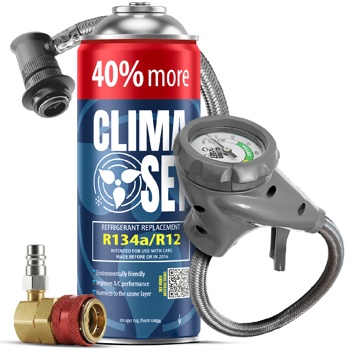 5905997717458 ClimaSet Plin&ulje R134a (235g), Odvodno crijevo s manometrom Adapter HP/LP - Slika 1