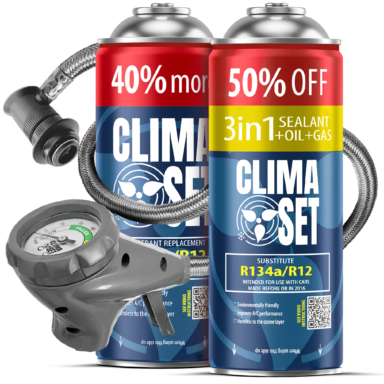 5905997717847 ClimaSet 3in1 R134a, Plin&ulje R134a (2x 235g), Ispusno crijevo - Slika 1