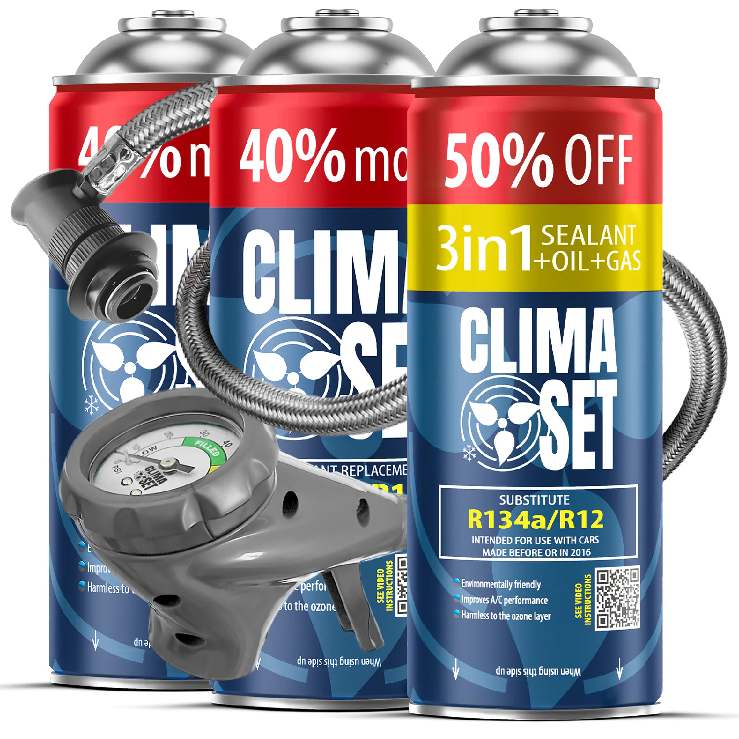 5905997717854 ClimaSet 3in1 R134a, 2x Plin&ulje R134a (3x 235g), Ispusno crijevo - Slika 1