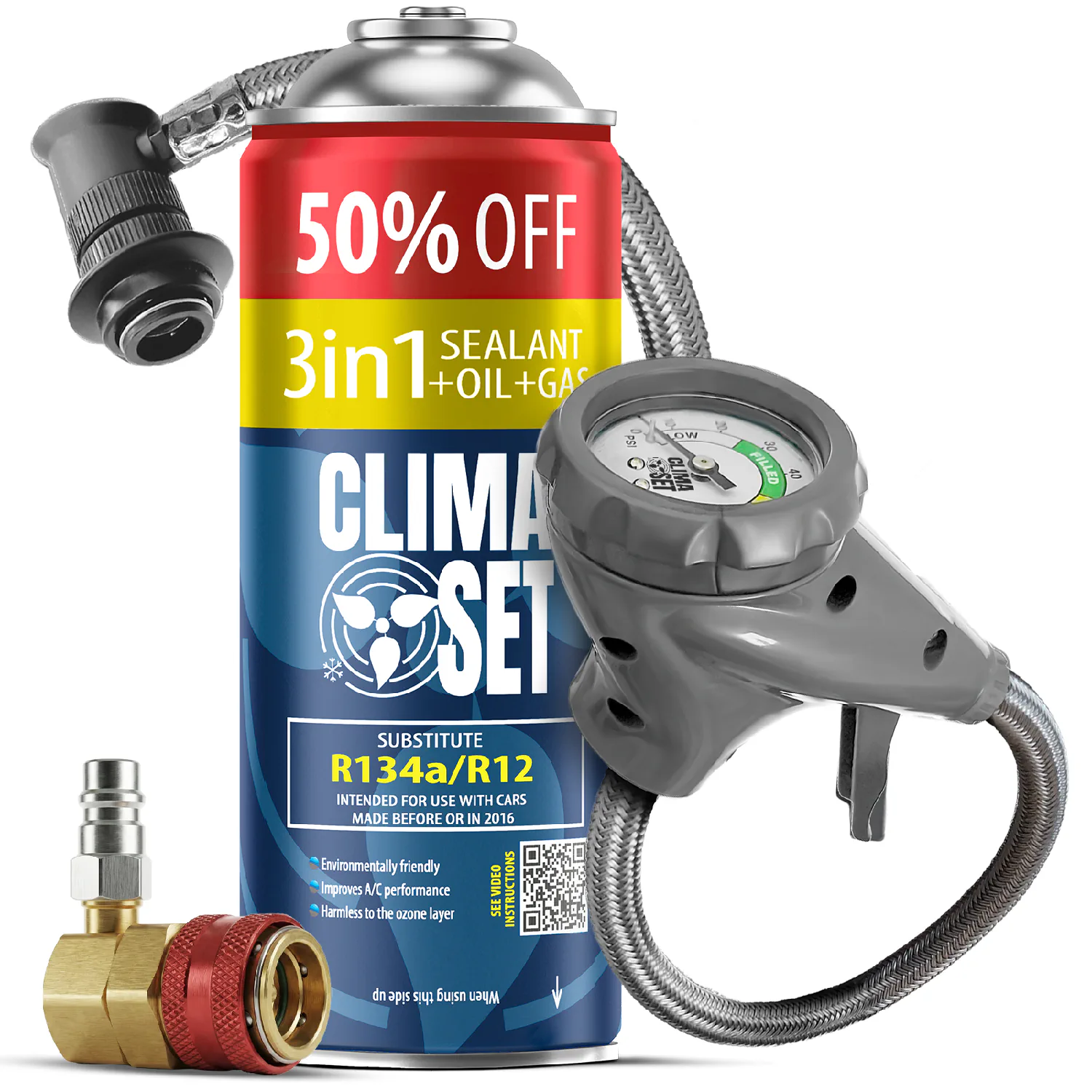 5905997718257 ClimaSet 3in1 R134a (235g), Odvodno crijevo s manometrom Adapter HP/LP - Slika 1