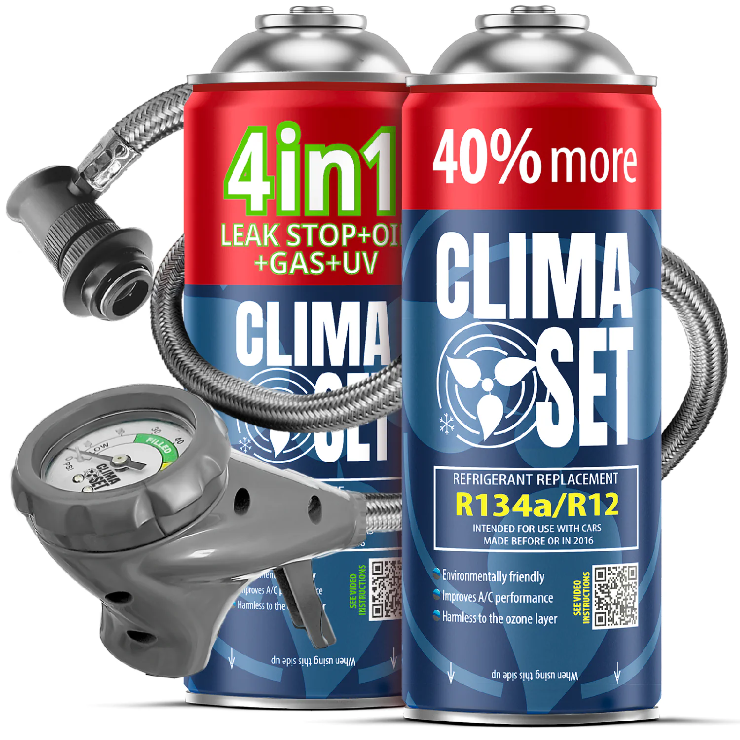 5905997718301 ClimaSet 4in1 R134a, Plin&ulje R134a (2x 235g), Ispusno crijevo - Slika 1