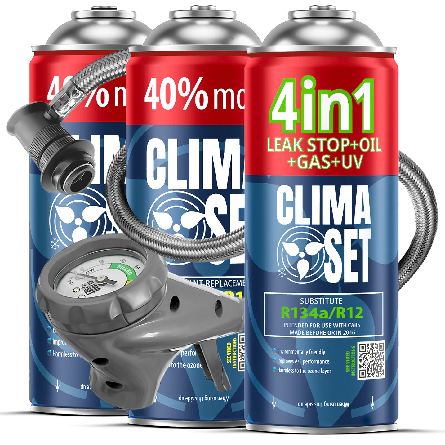 5905997718318 ClimaSet 4in1 R134a, 2x Plin&ulje R134a (3x 235g), Ispusno crijevo - Slika 1