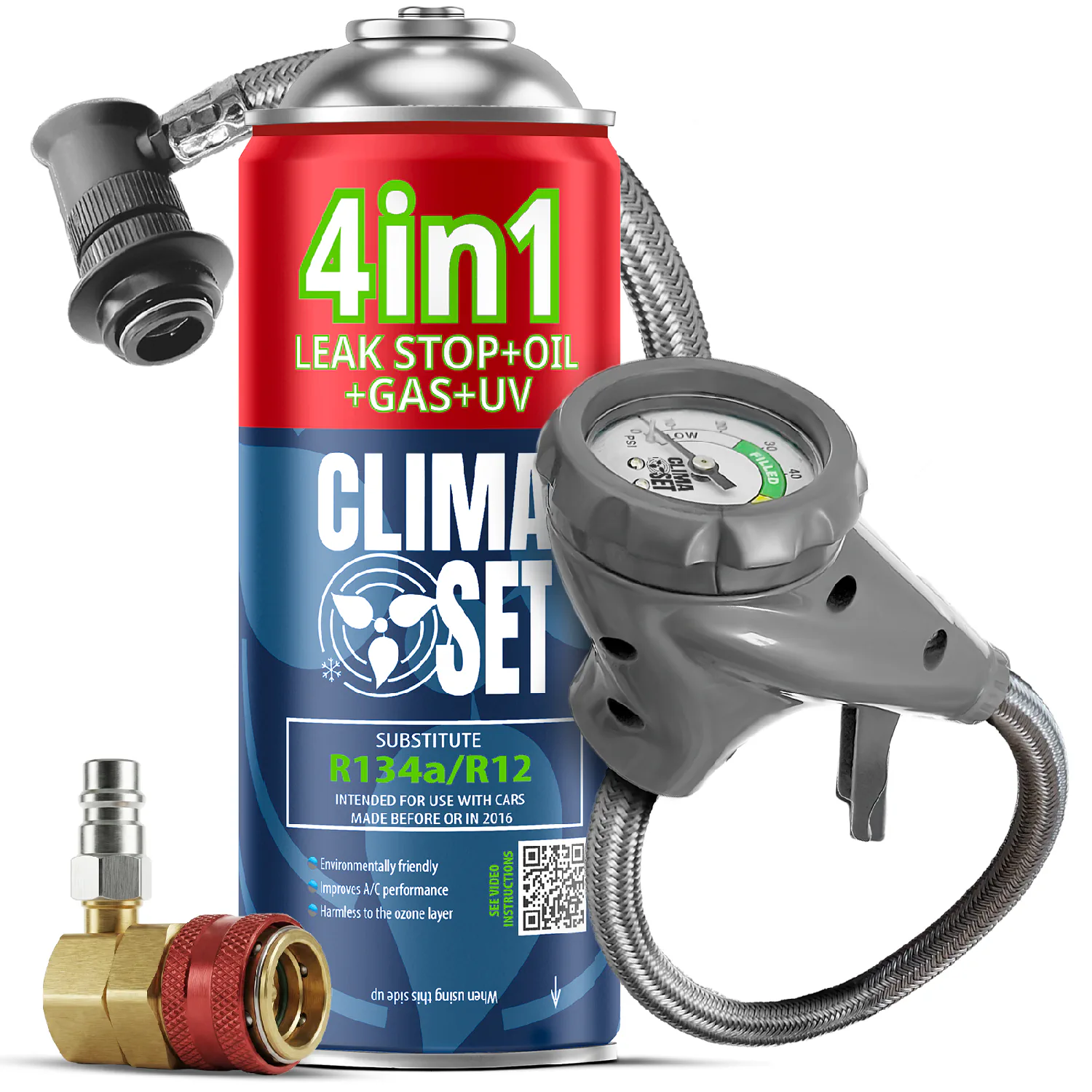 5905997718325 ClimaSet 4in1 R134a (235g), Odvodno crijevo s manometrom Adapter HP/LP - Slika 1