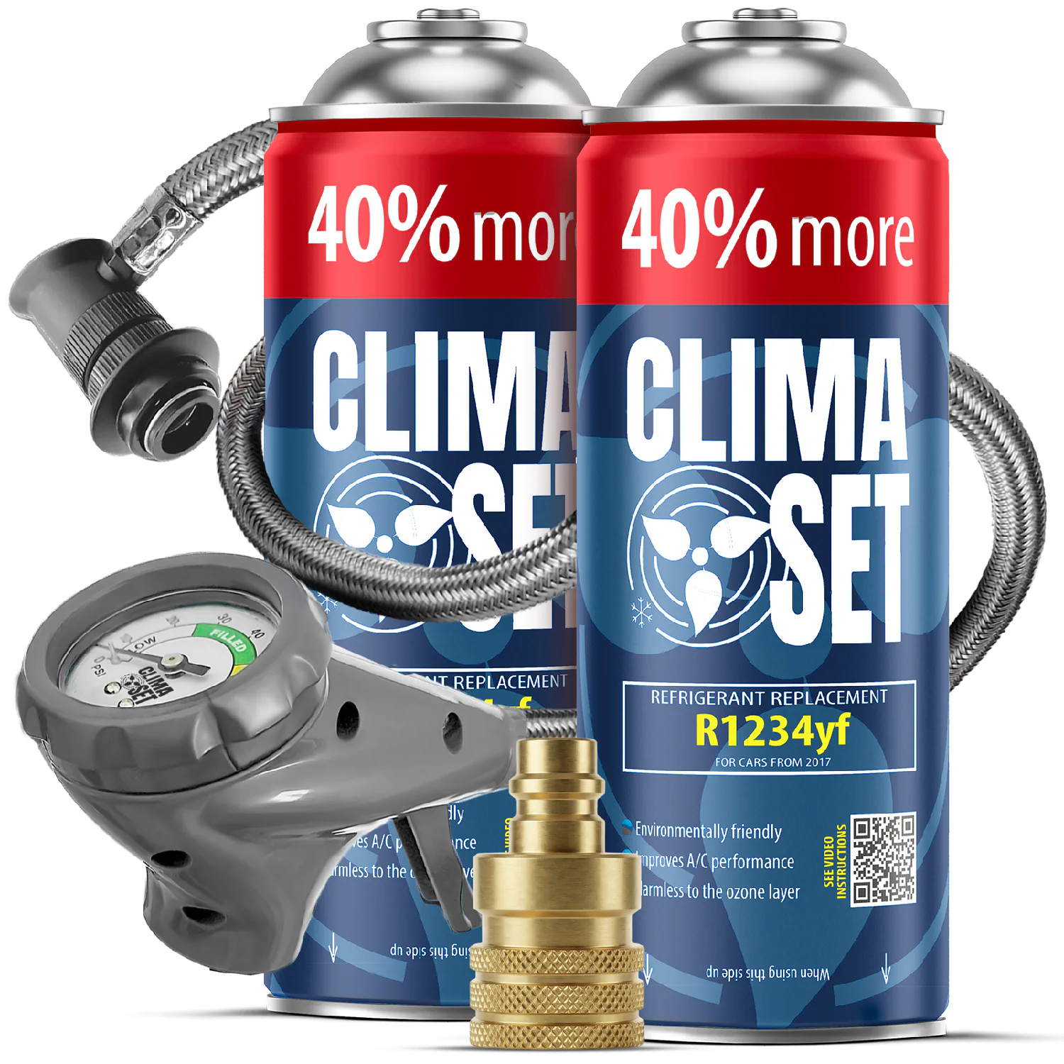 5905997718363 ClimaSet 2x Plin&ulje R1234yf (2x 235g), Odvodno crijevo s manometrom Adapter R1234yf - Slika 1