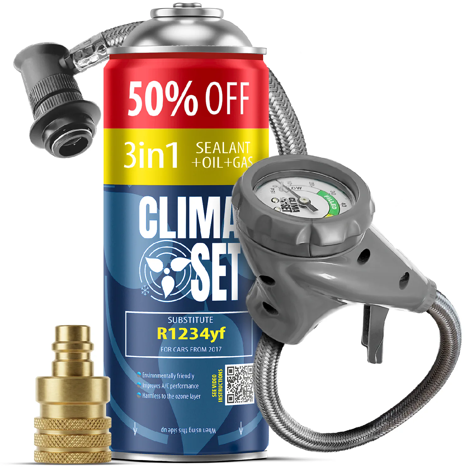 5905997718394 ClimaSet 3in1 R1234yf (235g), Odvodno crijevo s manometrom Adapter R1234yf - Slika 1