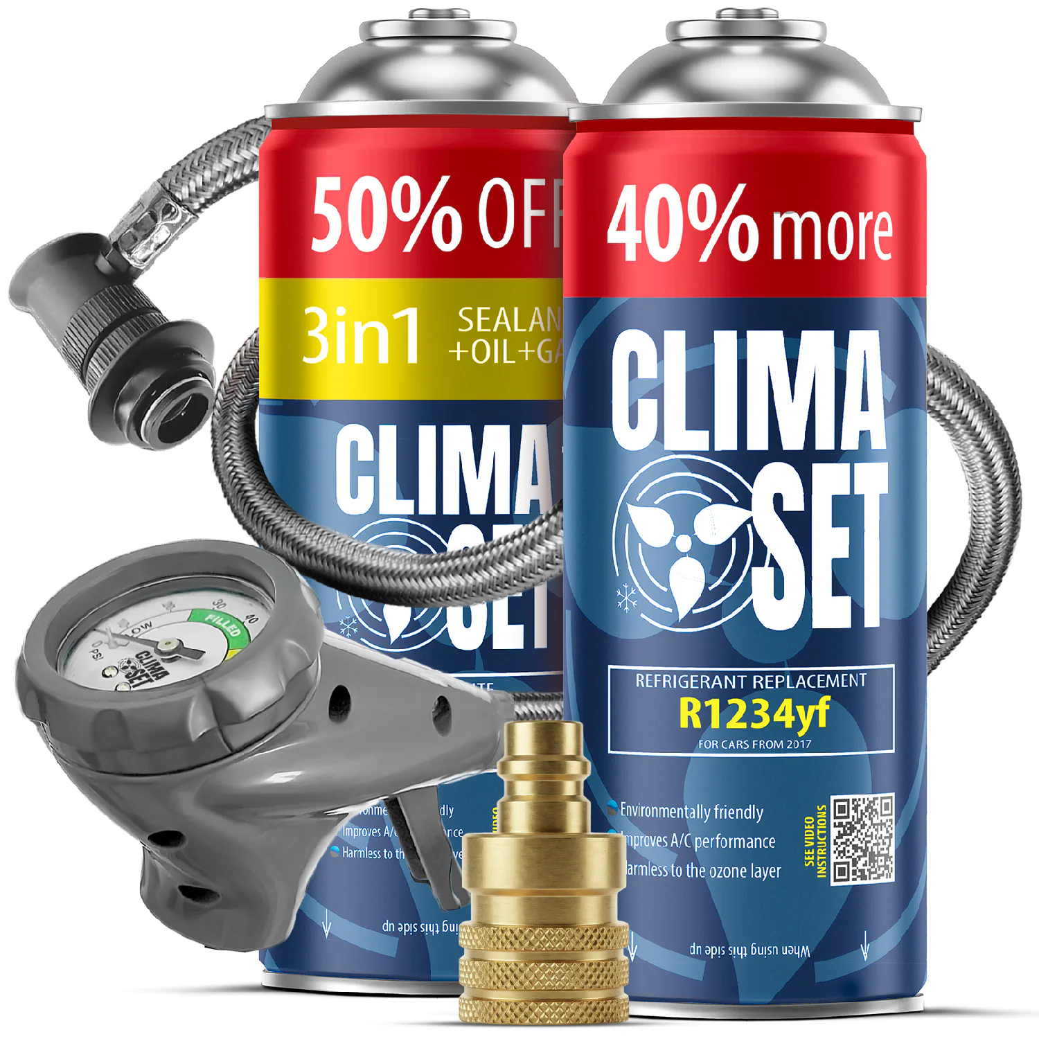 5905997718400 ClimaSet 3in1 R1234yf, Plin&ulje R1234yf (2x 235g), Odvodno crijevo s manometrom Adapter R1234yf - Slika 1