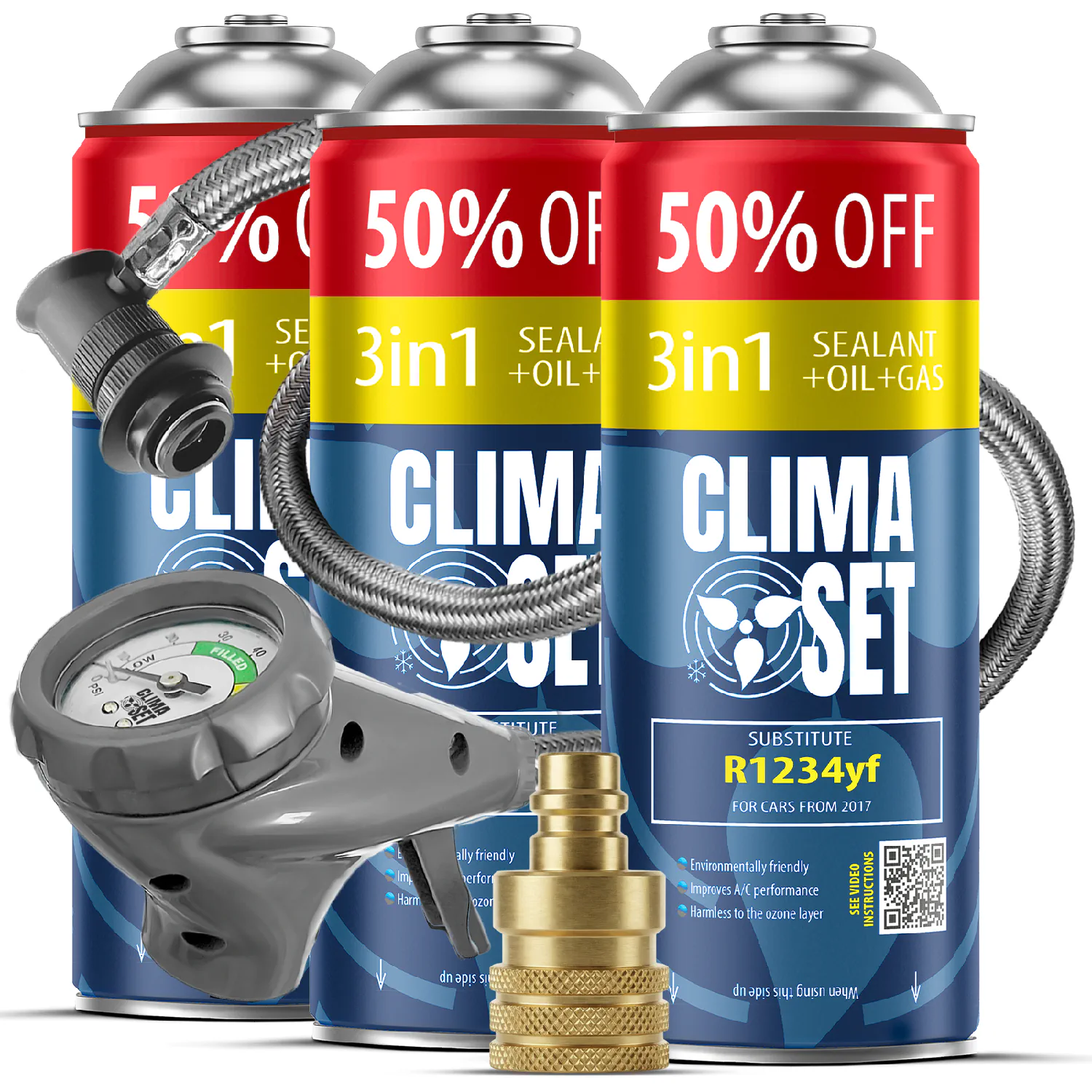 5905997718431 ClimaSet 3x 3in1 R1234yf (3x 235g), Odvodno crijevo s manometrom Adapter R1234yf - Slika 1