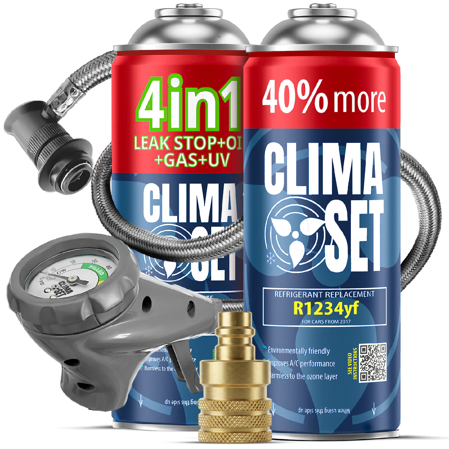 5905997718448 ClimaSet 4in1 R1234yf, Plin&ulje R1234yf (2x 235g), Odvodno crijevo s manometrom Adapter R1234yf - Slika 1