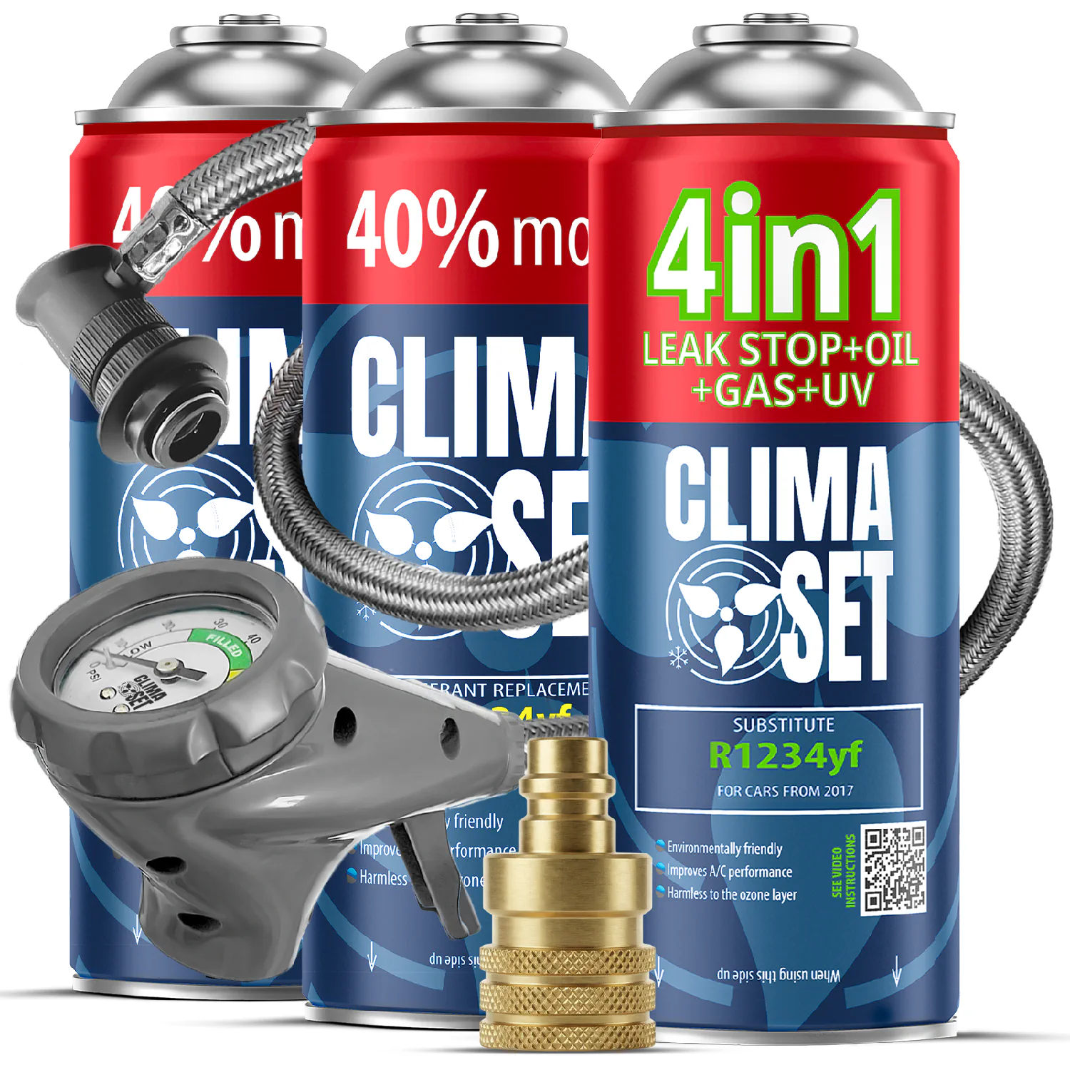 5905997718479 ClimaSet 4in1 R1234yf, 2x Plin&ulje R1234yf (3x 235g), Odvodno crijevo s manometrom Adapter R1234yf - Slika 1