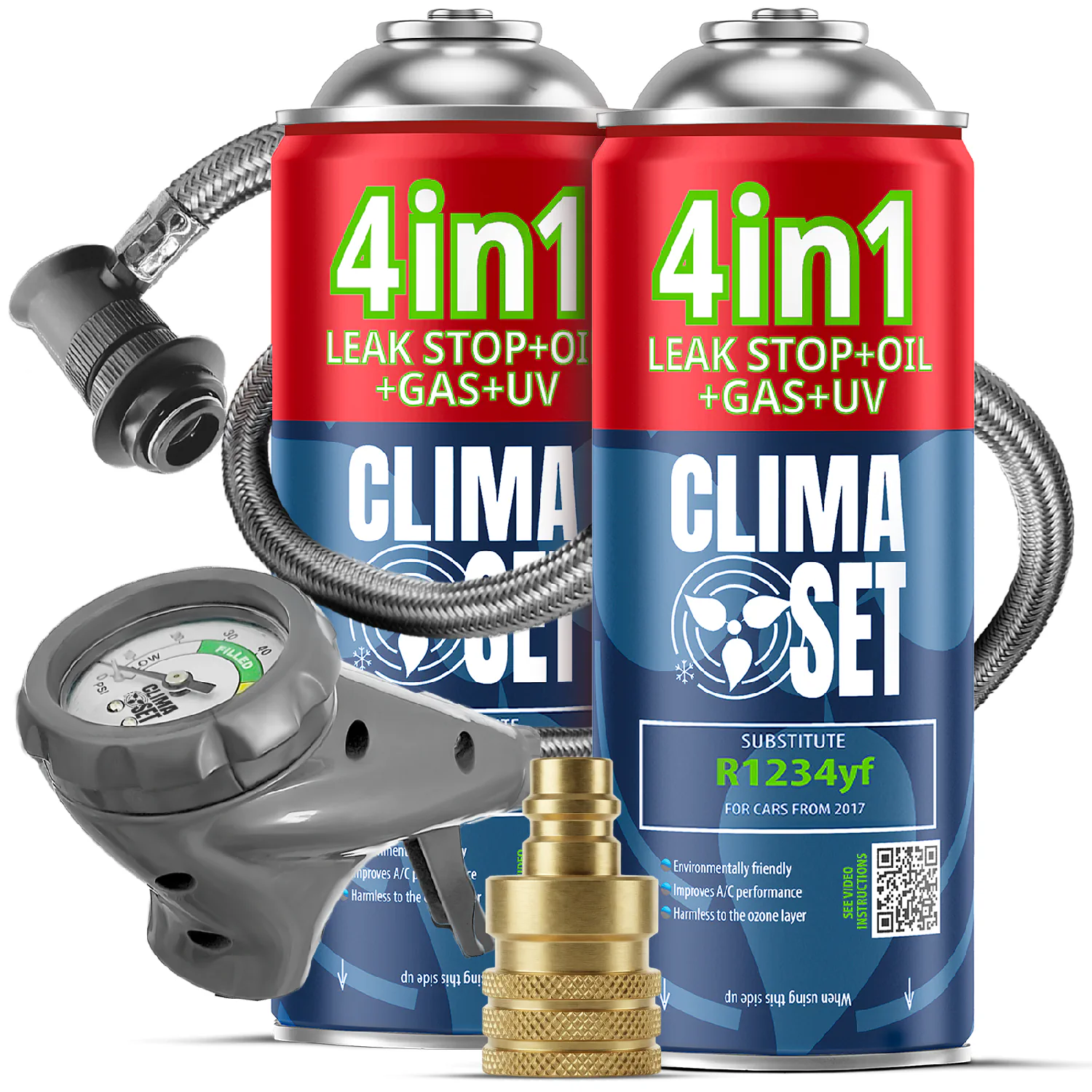 5905997718486 ClimaSet 2x 4in1 R1234yf (2x 235g), Odvodno crijevo s manometrom Adapter R1234yf - Slika 1